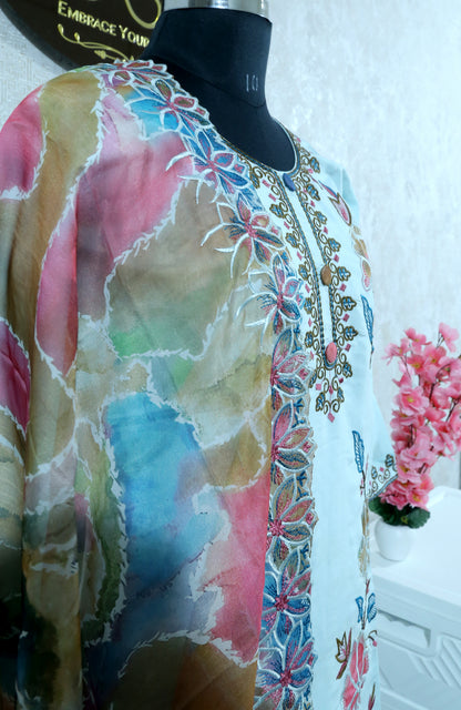 PREMIUM SKY BLUE SUIT SET WITH WORK LACED TOP & ROMAN SILK DUPATTA