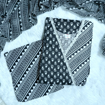 AJRAKH PRINT BLACK AND WHITE KURTHI SET WITH LACE DETAILING