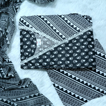 AJRAKH PRINT BLACK AND WHITE KURTHI SET WITH LACE DETAILING