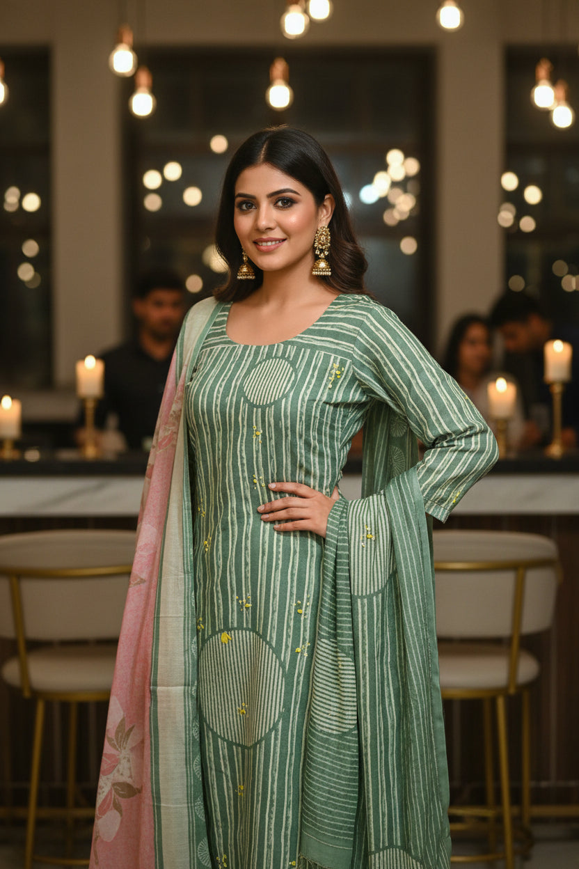 OLIVE GREEN MINIMAL PRINT STRAIGHT SUIT SET WITH DUPATTA