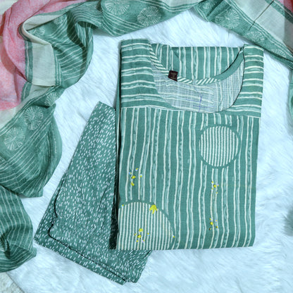 OLIVE GREEN MINIMAL PRINT STRAIGHT SUIT SET WITH DUPATTA