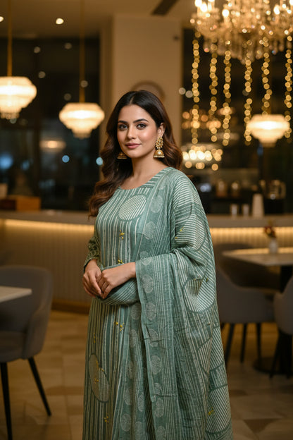 OLIVE GREEN MINIMAL PRINT STRAIGHT SUIT SET WITH DUPATTA