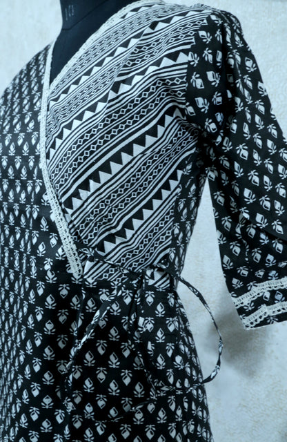 AJRAKH PRINT BLACK AND WHITE KURTHI SET WITH LACE DETAILING