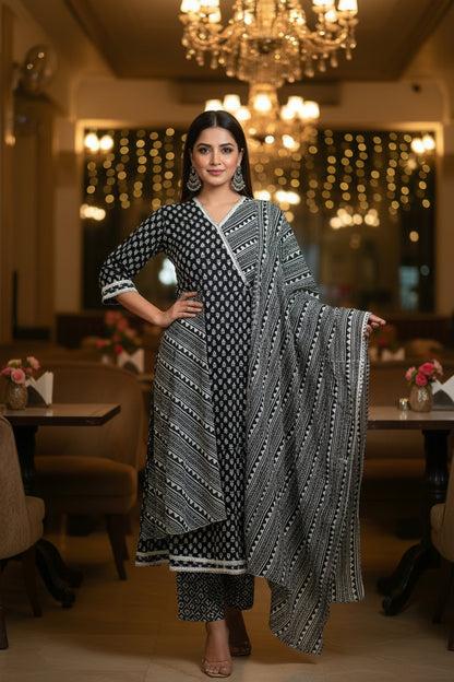 AJRAKH PRINT BLACK AND WHITE KURTHI SET WITH LACE DETAILING
