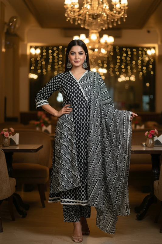 AJRAKH PRINT BLACK AND WHITE KURTHI SET WITH LACE DETAILING