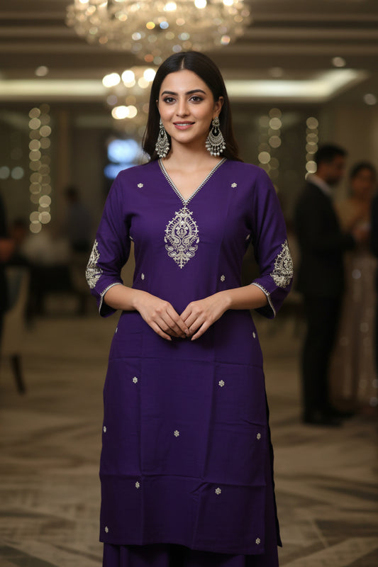 MODERN V-NECK LONG KURTI IN FLOWY RAYON