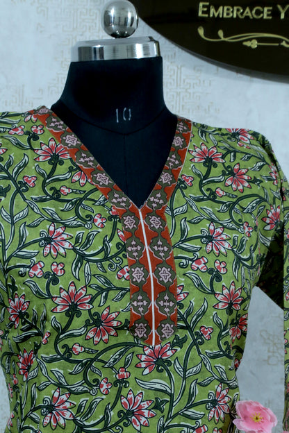 OLIVE GREEN FLORAL PRINT STRAIGHT SUIT SET WITH DUPATTA