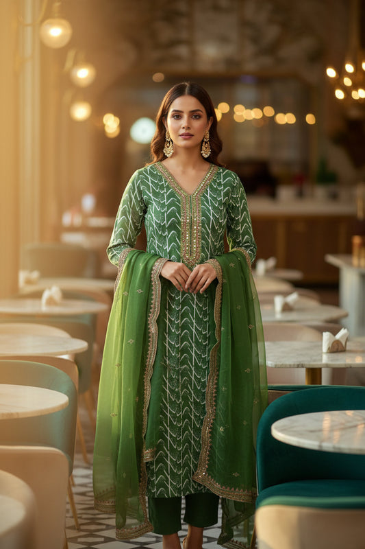 BANDHANI PRINT KURTI SET WITH ORGANZA DUPATTA – V-NECK STYLE