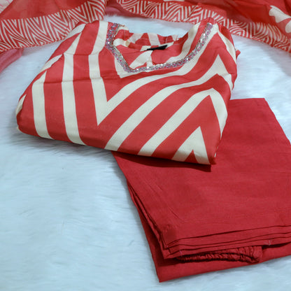 PREMIUM SOFT CREPE CHEVRON PRINT EMBELLISHED RED AND WHITE KURTHI SET WITH DUPATTA