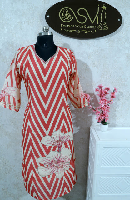 PREMIUM SOFT CREPE CHEVRON PRINT EMBELLISHED RED AND WHITE KURTHI SET WITH DUPATTA