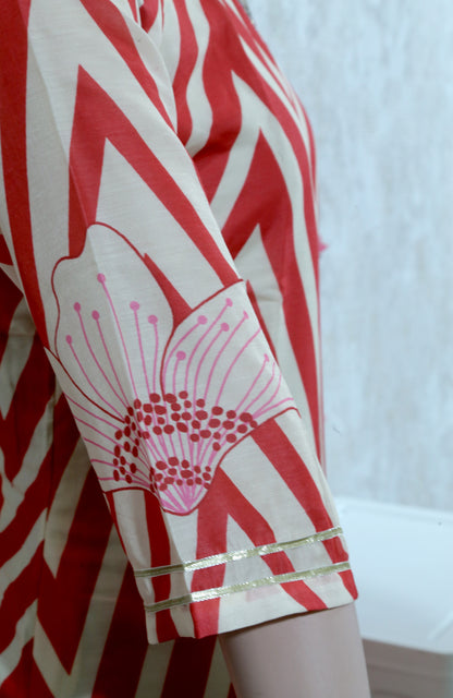 PREMIUM SOFT CREPE CHEVRON PRINT EMBELLISHED RED AND WHITE KURTHI SET WITH DUPATTA