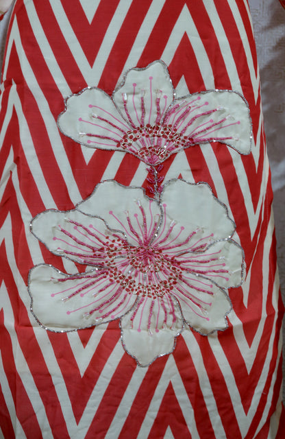 PREMIUM SOFT CREPE CHEVRON PRINT EMBELLISHED RED AND WHITE KURTHI SET WITH DUPATTA