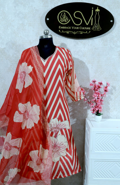 PREMIUM SOFT CREPE CHEVRON PRINT EMBELLISHED RED AND WHITE KURTHI SET WITH DUPATTA