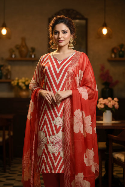 PREMIUM SOFT CREPE CHEVRON PRINT EMBELLISHED RED AND WHITE KURTHI SET WITH DUPATTA