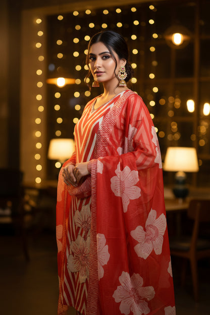PREMIUM SOFT CREPE CHEVRON PRINT EMBELLISHED RED AND WHITE KURTHI SET WITH DUPATTA