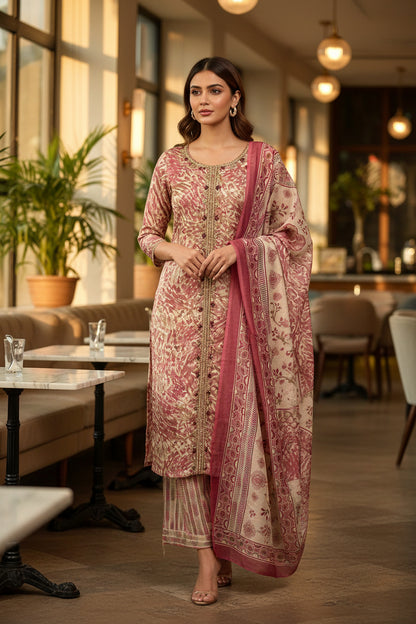 MUSLIN MODAL THREE-PIECE SUIT SET WITH HANDWORK