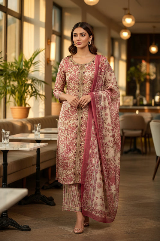 MUSLIN MODAL THREE-PIECE SUIT SET WITH HANDWORK