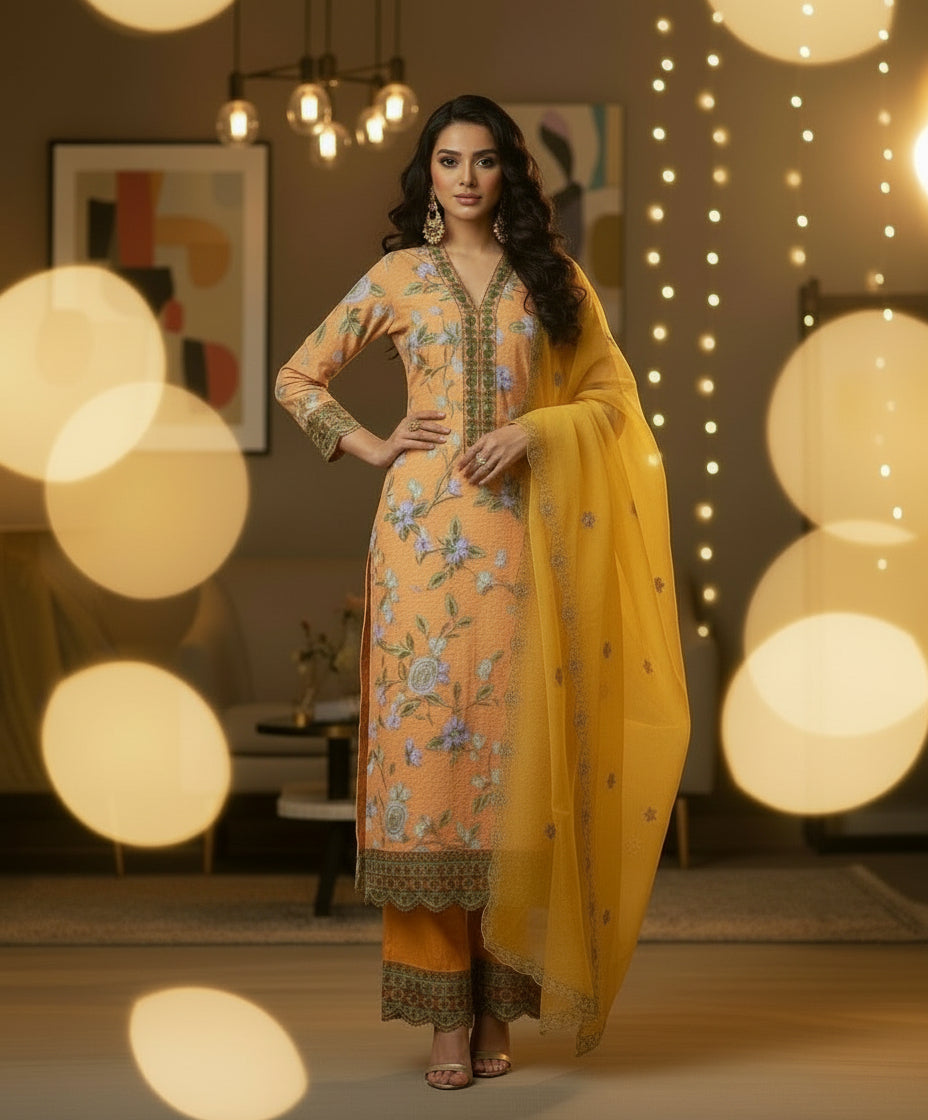PREMIUM HANDCRAFTED MULMUL COTTON V-NECK SUIT SET
