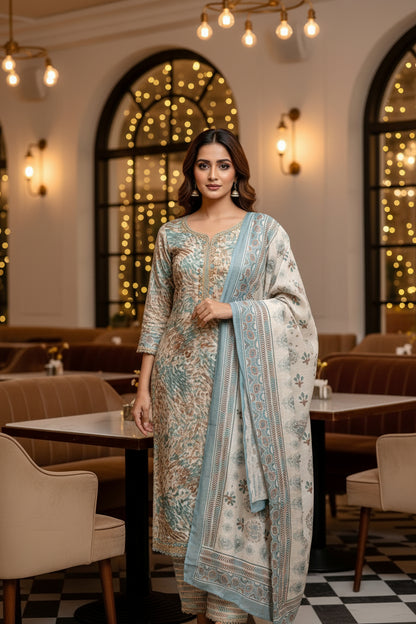 MUSLIN MODAL THREE-PIECE SUIT SET WITH HANDWORK