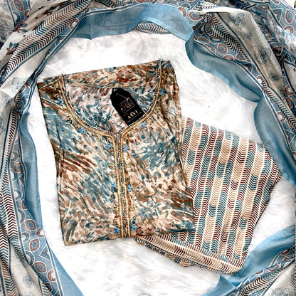 MUSLIN MODAL THREE-PIECE SUIT SET WITH HANDWORK