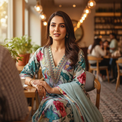 FLORAL PRINTED TEBY SILK KURTHI IN BLUE – GRACEFUL EVERYDAY ELEGANCE