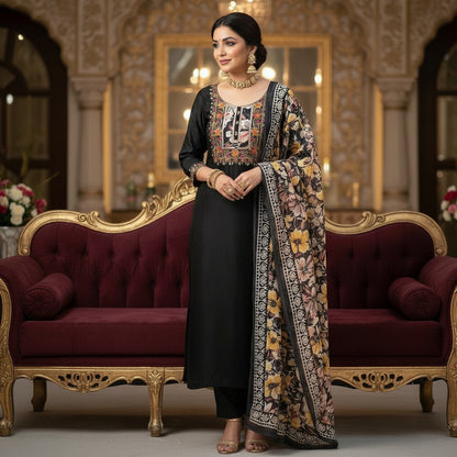 ELEGANT BLACK ROMAN SILK EMBROIDERED KURTHI SET – LUXE MEETS TRADITION