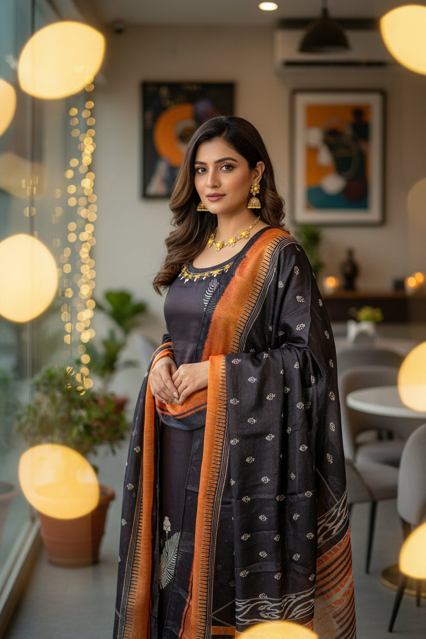 BLACK CHINNON SILK KURTHI SET WITH INTRICATE HANDWORK