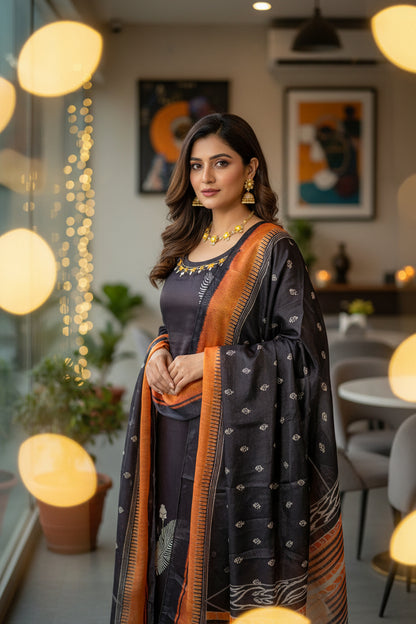 BLACK CHINNON SILK KURTHI SET WITH INTRICATE HANDWORK