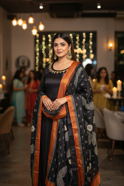 BLACK CHINNON SILK KURTHI SET WITH INTRICATE HANDWORK