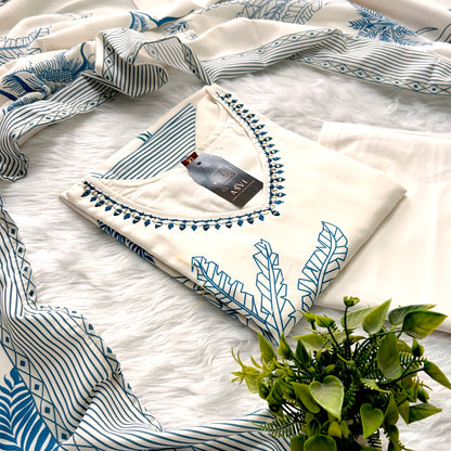 CLASSIC WHITE RAYON COTTON KURTHI – U-NECK HANDCRAFTED