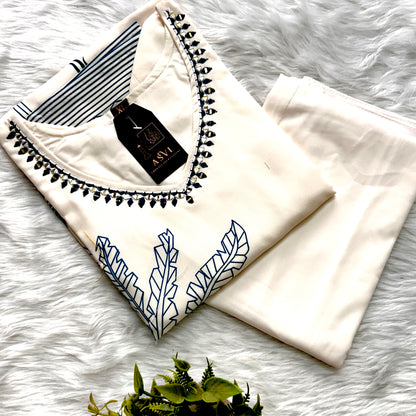 CLASSIC WHITE RAYON COTTON KURTHI – U-NECK HANDCRAFTED