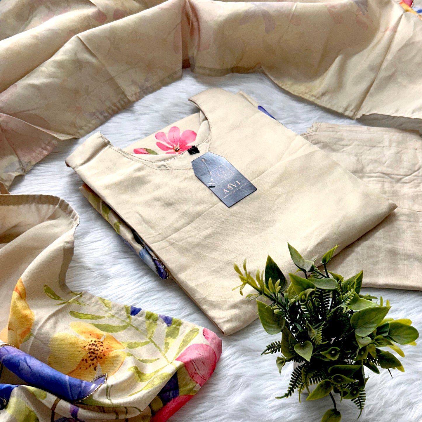 Designer Roman Shimmer Digital Floral Print Kurthi Set with Elegant Work