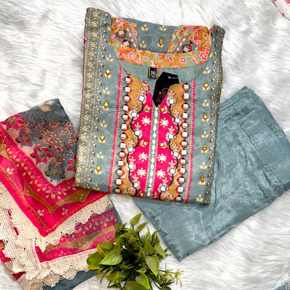 PREMIUM SILK KURTHI WITH HEART-SHAPED NECK HANDWORK & BEADS