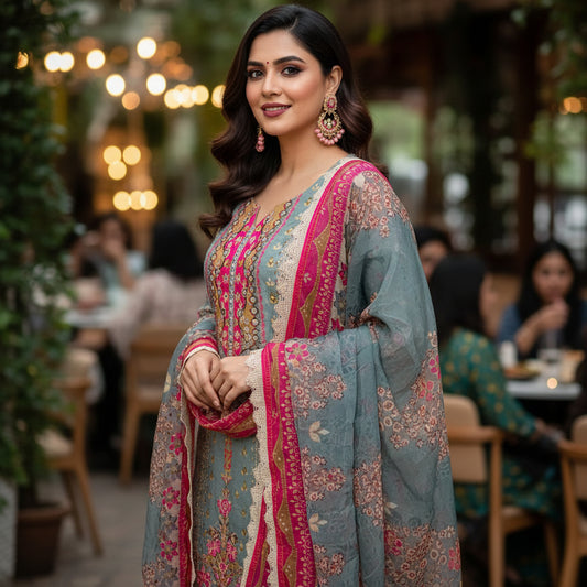 PREMIUM SILK KURTHI WITH HEART-SHAPED NECK HANDWORK & BEADS