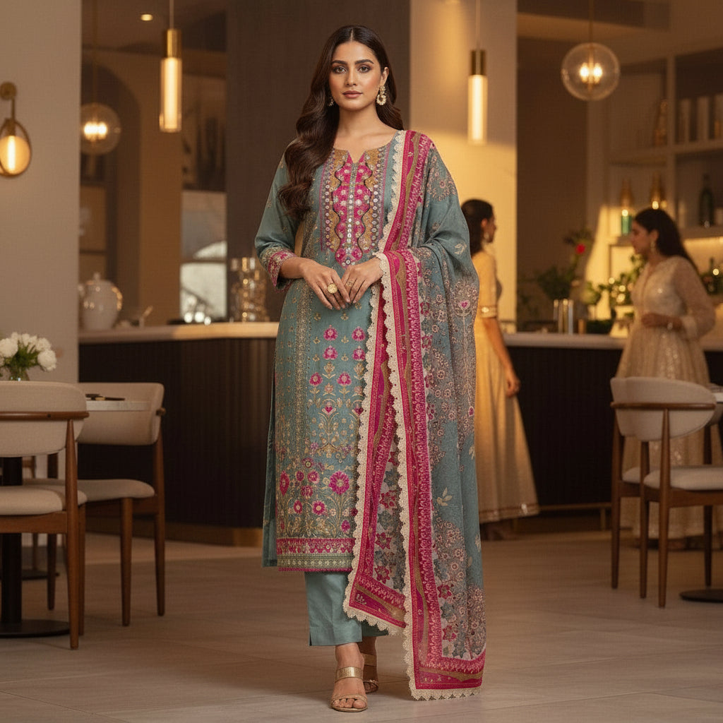 PREMIUM SILK KURTHI WITH HEART-SHAPED NECK HANDWORK & BEADS
