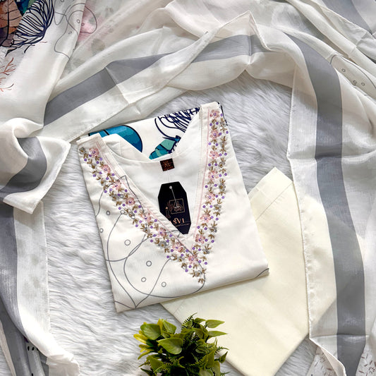 ELEGANT WHITE CHINNON KURTHI – V-NECK EMBROIDERY