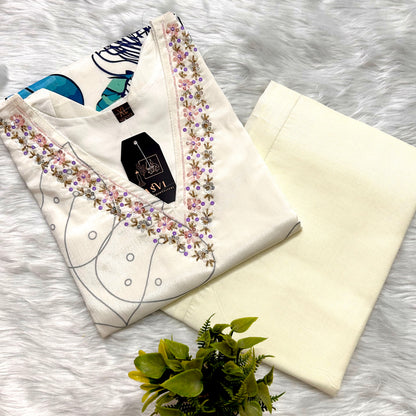ELEGANT WHITE CHINNON KURTHI – V-NECK EMBROIDERY