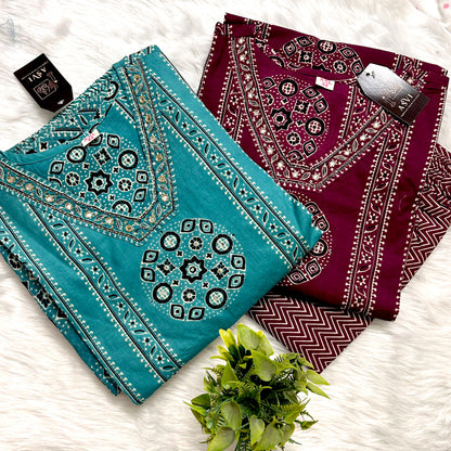 PREMIUM COTTON ETHNIC STRAIGHT SUIT SET WITH EMBROIDERY