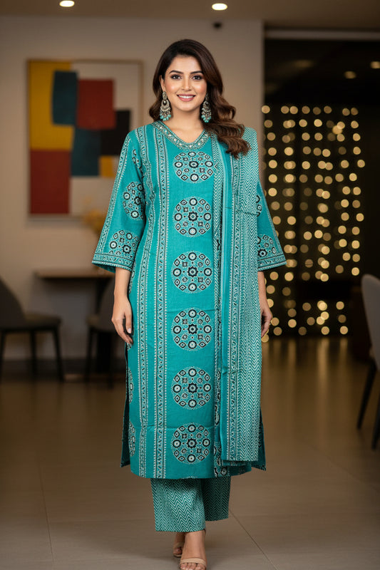 PREMIUM COTTON ETHNIC STRAIGHT SUIT SET WITH EMBROIDERY