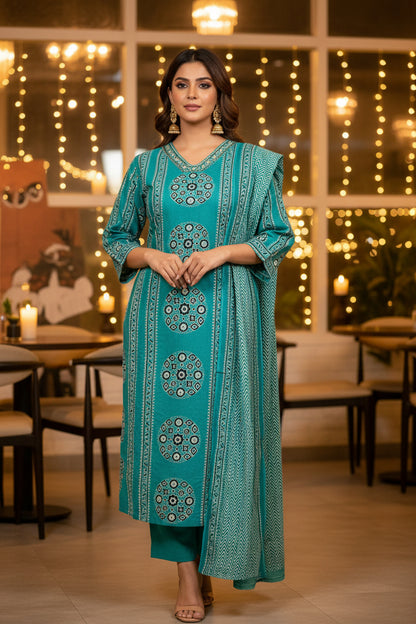 PREMIUM COTTON ETHNIC STRAIGHT SUIT SET WITH EMBROIDERY
