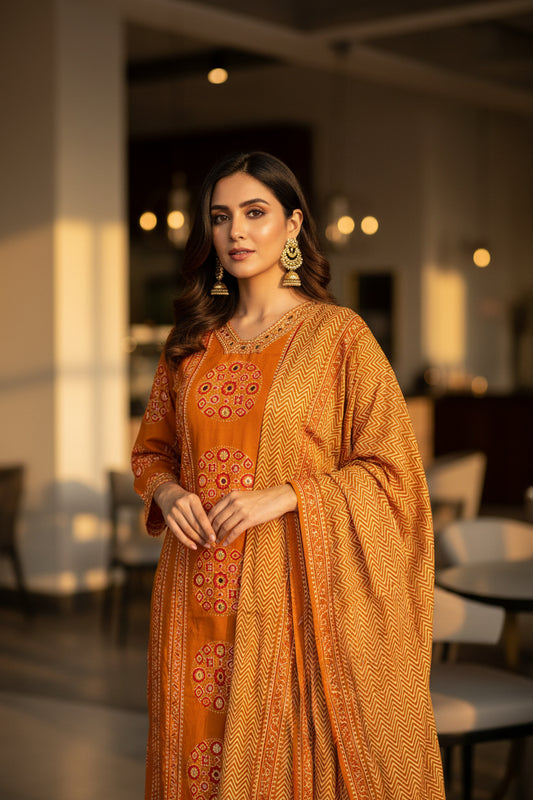 PREMIUM HANDCRAFTED COTTON STRAIGHT SUIT SET WITH EMBROIDERY ETHNIC SUIT SET