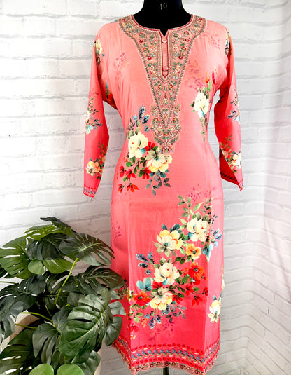 DESIGNER FLORAL MUSLIN KURTI WITH FINE HAND EMBROIDERY