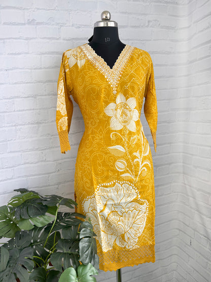 STRAIGHT-FIT PREMIUM COTTON KURTIS – V-NECK EMBROIDERED DESIGN