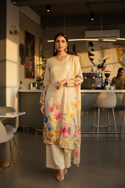 Designer Roman Shimmer Digital Floral Print Kurthi Set with Elegant Work