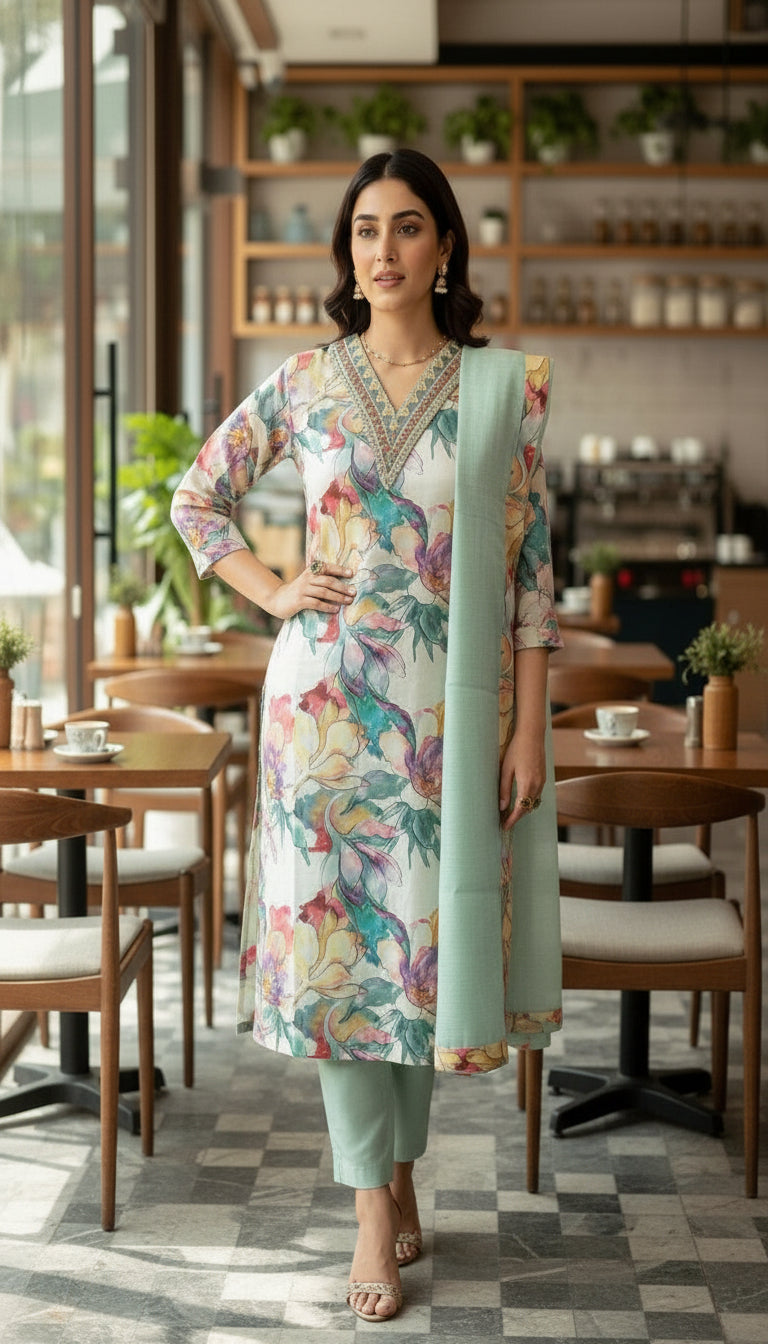 FLORAL PRINTED TEBY SILK KURTHI IN BLUE – GRACEFUL EVERYDAY ELEGANCE