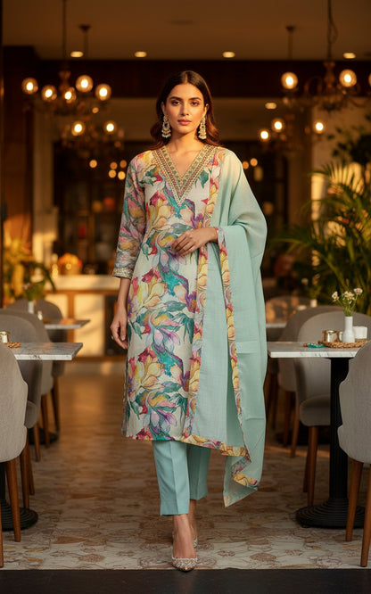 FLORAL PRINTED TEBY SILK KURTHI IN BLUE – GRACEFUL EVERYDAY ELEGANCE