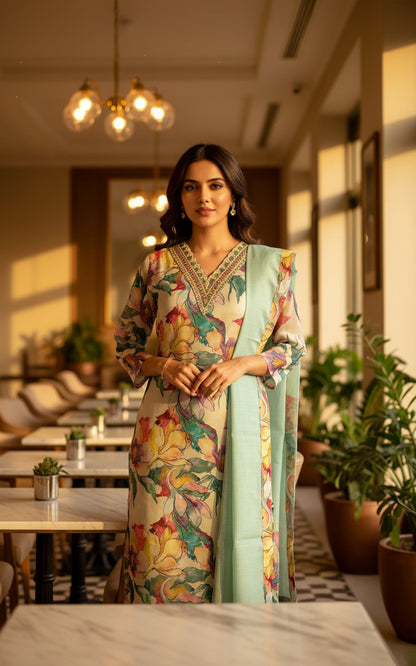 FLORAL PRINTED TEBY SILK KURTHI IN BLUE – GRACEFUL EVERYDAY ELEGANCE