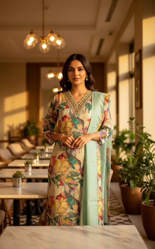 FLORAL PRINTED TEBY SILK KURTHI IN BLUE – GRACEFUL EVERYDAY ELEGANCE