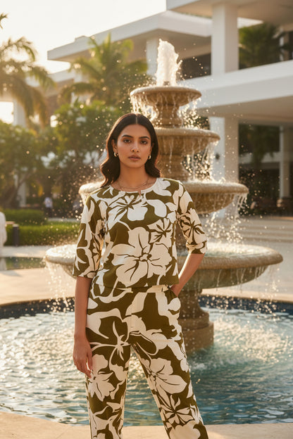 ELEGANCE OLIVE GREEN FLORAL PRINT CO-ORD SET