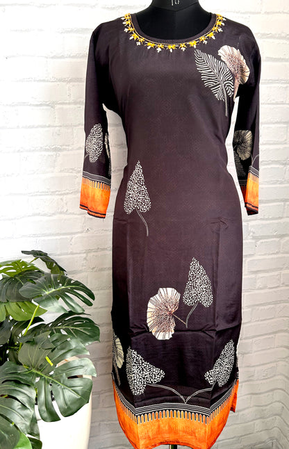 BLACK CHINNON SILK KURTHI SET WITH INTRICATE HANDWORK